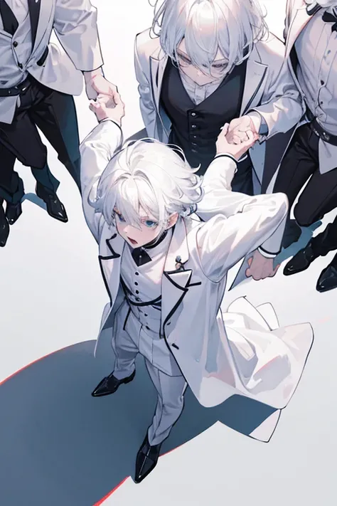 monochrome,masterpiece,illustration, best quality, best aathetic,male focus, full body,looking away:1.4,Four men in white coats standing,a man makes a speech with his arms outstretched,Screaming,anger,white shirt,white hair,Three men looking on,
Low angle ...