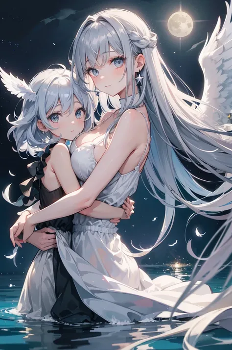 Gray Hair　Long Hair　smile　Night Sky　Full moon reflected in the lake　in the forest　shooting star　Angel Halo　Two small white feathers on the head　Four large white wings on its back　Large Breasts　Black camisole　Trying to hug　necklace　Big earrings　Fluffy hair　...