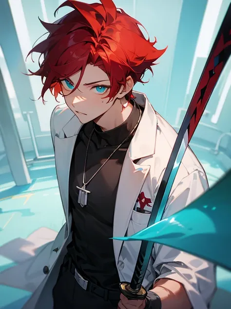 Masterpiece, best quality, expressive eyes, perfect face, 1boy, male focus, red hair, cyan eyes, laboratory coat, necklace, holding_weapon, sword, belt, 