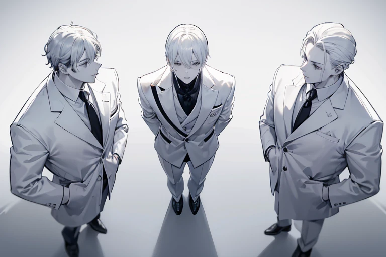 monochrome,masterpiece,illustration, best quality, best aathetic,male focus, full body,looking away:1.4,Four men in white coats standing,One man faces the other,,Screaming,anger,white shirt,white hair,Three men looking on, Low angle and full shot, overhead...