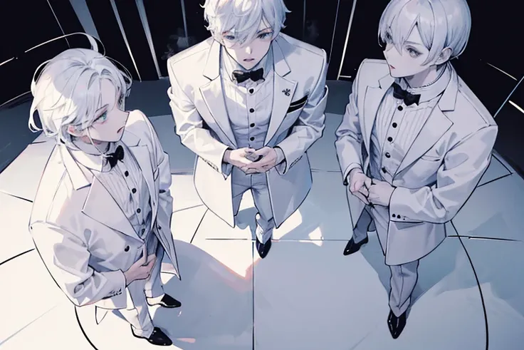 monochrome,masterpiece,illustration, best quality, best aathetic,male focus, full body,looking away:1.4,Four men in white coats standing,One man faces the other,,Screaming,anger,white shirt,white hair,Three men looking on, Low angle and full shot, overhead...