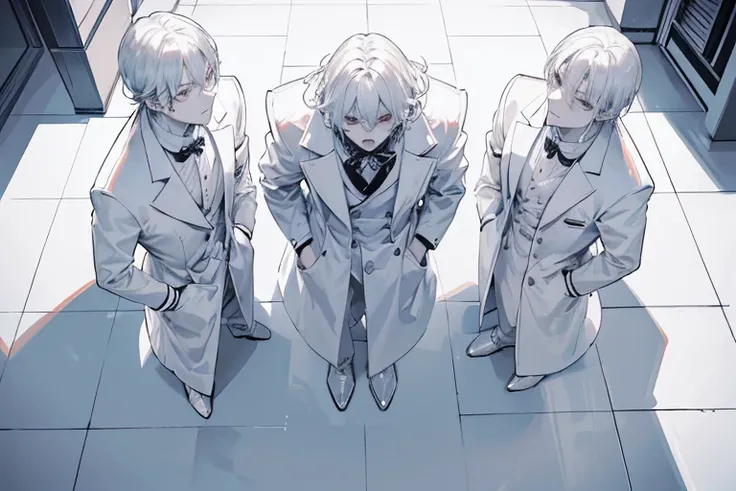 monochrome,masterpiece,illustration, best quality, best aathetic,male focus, full body,looking away:1.4,Four men in white coats standing,One man faces the other,,Screaming,anger,white shirt,white hair,Three men looking on, Low angle and full shot, overhead...