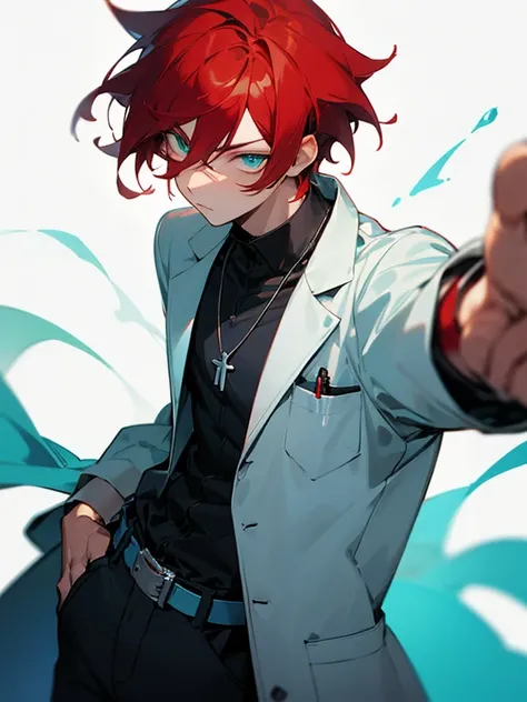 Masterpiece, best quality, expressive eyes, perfect face, 1boy, male focus, red hair, cyan eyes, laboratory coat, necklace, belt, 