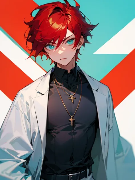 Masterpiece, best quality, expressive eyes, perfect face, 1boy, male focus, red hair, cyan eyes, laboratory coat, necklace, belt, 