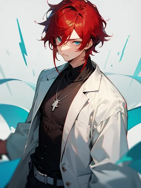 Masterpiece, best quality, expressive eyes, perfect face, 1boy, male focus, red hair, cyan eyes, laboratory coat, necklace, belt, 