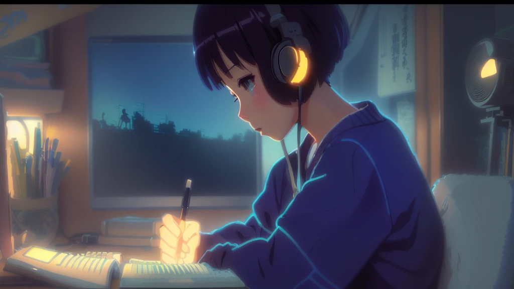 Cartoon character sitting at a desk writing in front of a computer monitor, LOFI Girl, Studio Ghibli Composition, Japanese animation, Anime movie screenshots, Anime movie stills, Japanese animation style, Ghibli and Ilya Kuvshinov, lain iwakura, Retro Anim...