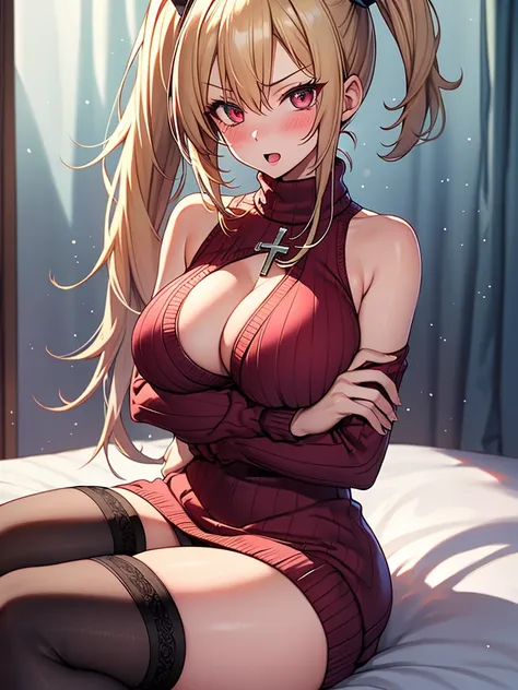 (highest quality, High resolution, perfect pixel, Depth of bounds written, 4K), bed, from side, (cowboy shot), (breast focus), detailed eyes, (1 lady), tall, (slim:1.2), perfect body, large breasts, (side boob), blond hair, (side ponytail:1.2), (burgundy v...