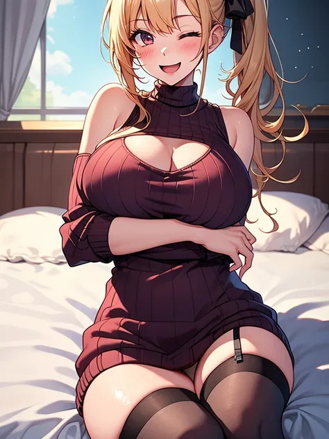 (highest quality, High resolution, perfect pixel, Depth of bounds written, 4K), bed, (cowboy shot), (breast focus), detailed eyes, (1 lady), tall, (slim:1.2), perfect body, large breasts, (side boob), blond hair, (side ponytail:1.2), (burgundy virgin kille...