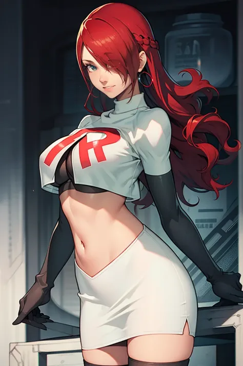 persona3mitsuru, red hair, hair over one eye ,glossy lips , team rocket, team rocket uniform, red letter r, white skirt,white cr...