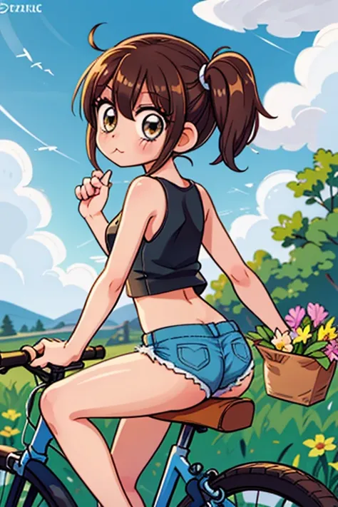 a naked woman sitting astraddle atop the side of a bicycle with flowers in the background, 1girl, solo, shorts, ass, shirt, black shorts, thighs, outdoors, looking at viewer, sleeveless, crop top, sleeveless shirt, bare shoulders, blue shirt, pout, ground ...