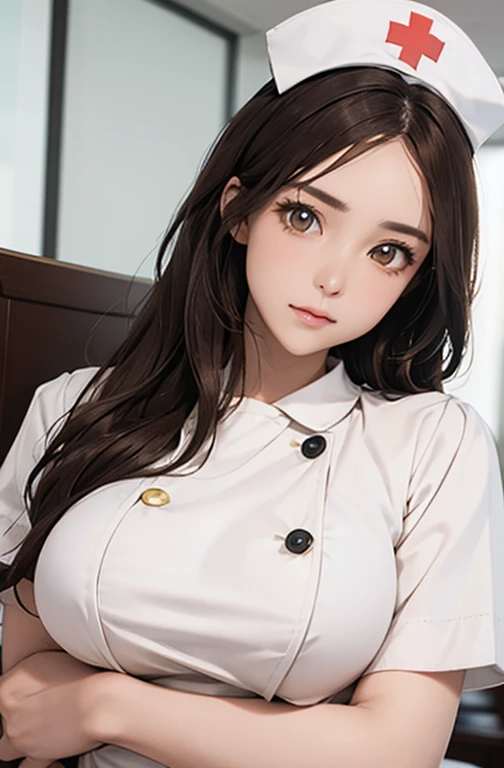 Nurse , in hospital , detailed hand , high quality, super quality, detailed face, beautiful woman , golden eyes, long hair , mega breast , gorgeous dress, wearing white nurse costume , nurse cap, sharpe eyebrow , (brown hair:1.4)