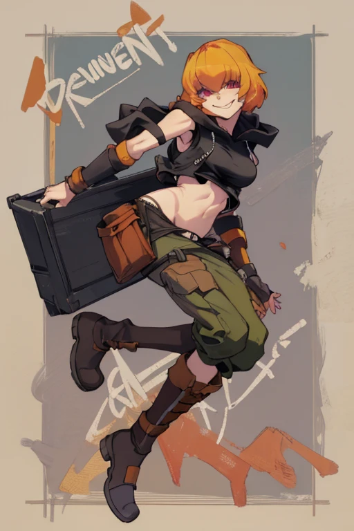 ((highest quality)), ((masterpiece)), (be familiar with),Clementine,Overload,{{nsfw}},Sleeveless hoodie,cargo pants,Bewitching Smile,whole body,boots