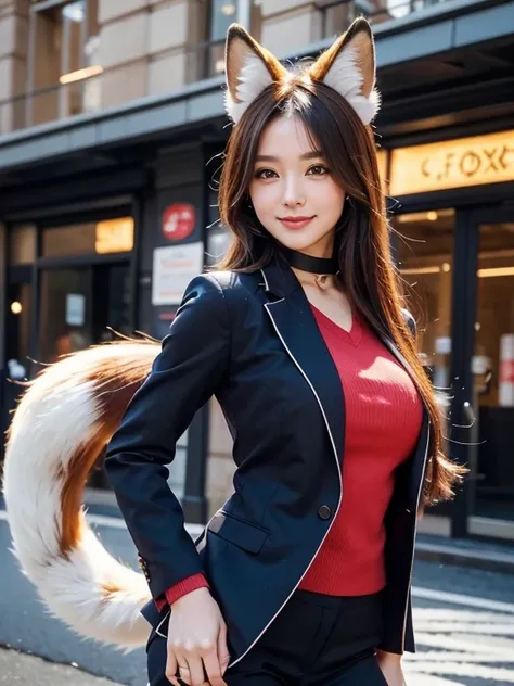 ((highest quality)), ((masterpiece)), (Get used to it), Perfect Face, Fox Girl, Beautiful woman, public, There is a tail, she has a fox tail, She wags her fluffy tail, smile, collar, She wears a business suit, Beautiful hip line, His tail is sticking out f...