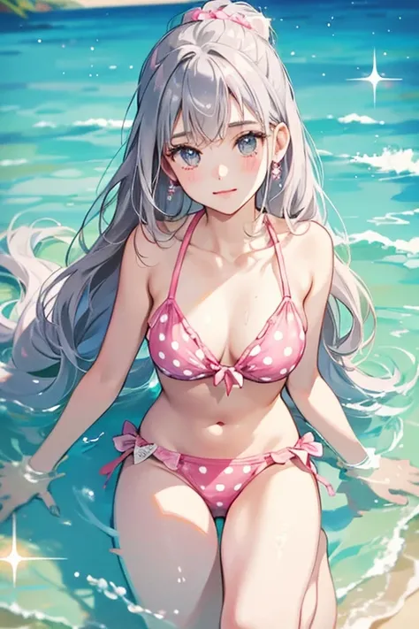 She is a pale gray that wears pink swimwear with white polka dots. SPARKLE; GLITTER