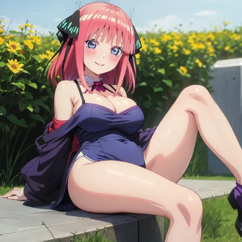 best quality, ultra-detailed masterpiece, anime art style, cute characters, nino nakano, large breasts, blush, smile, leg focus