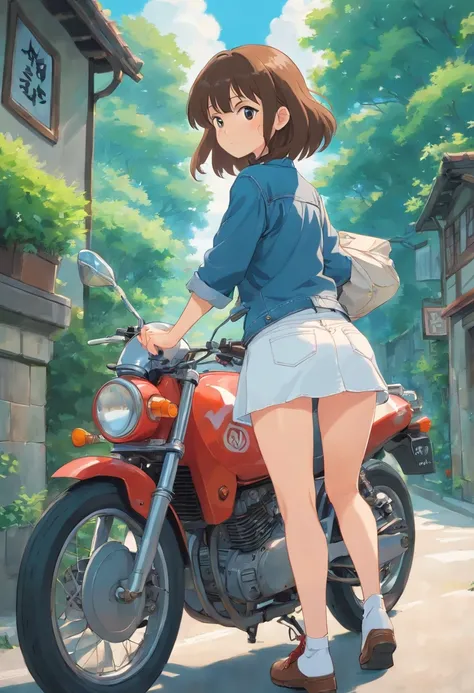 a girl rides a motorcycle, denim miniskirt, 1girl, solo, underwear, ground vehicle, panties, bicycle, ass, white panties, blush, looking back,
