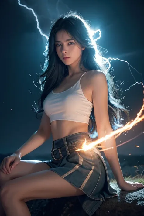 1girl,small breast,{bare knee},best quality,highly detailed,{{masterpiece}},ultra-detailed,illustration,{{{hiten}}},Depth of field,wind lift,very long hair,beautiful detailed eyes,{{{a mechanical arm}}},{surrounded lightning magiccircle},light blue eyes,be...