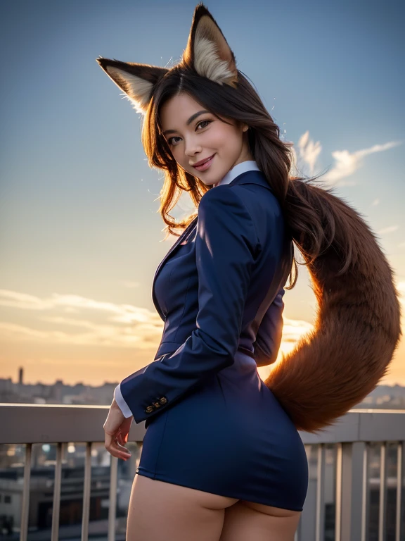 ((highest quality)), ((masterpiece)), (Get used to it), Perfect Face, Fox Girl, Beautiful woman, public, There is a tail, she has a fox tail, She shows off her fluffy tail, smile, collar, She wears a business suit, Beautiful ass, His tail is sticking out f...