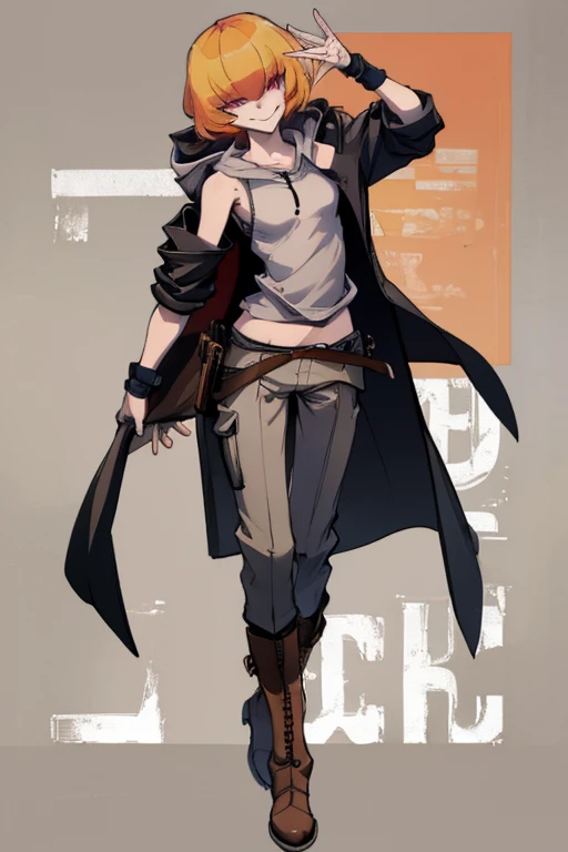 ((highest quality)), ((masterpiece)), (be familiar with),Clementine,Overload,{{nsfw}},Sleeveless hoodie,cargo pants,Bewitching Smile,whole body,boots,Long coat,Trunk Case