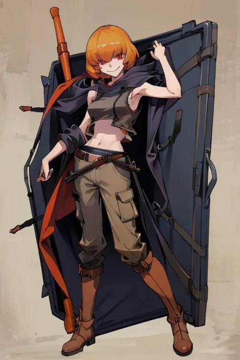 ((highest quality)), ((masterpiece)), (be familiar with),Clementine,Overload,{{nsfw}},Sleeveless hoodie,cargo pants,Bewitching Smile,whole body,boots,Long coat,Trunk Case