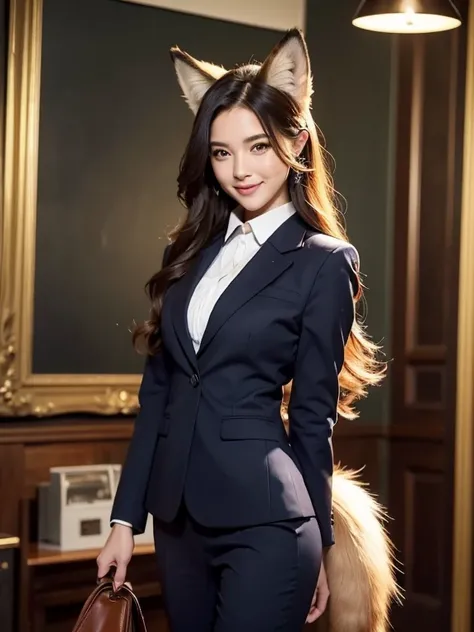 ((highest quality)), ((masterpiece)), (Get used to it), Perfect Face, Fox Girl, Beautiful woman, public, There is a tail, she has a fox tail, She wags her fluffy tail, smile, collar, She wears a business suit, Beautiful hip line, A tail sticking out from a...