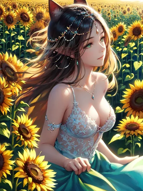 anime style, very fine illustration, high detail, dynamic angle, great detail, 8k, summer day, field of sunflowers, sunny day. BREAK The woman stands motionless, fascinated by the beautiful scene, watching the sunflowers bloom. The expression on her face s...