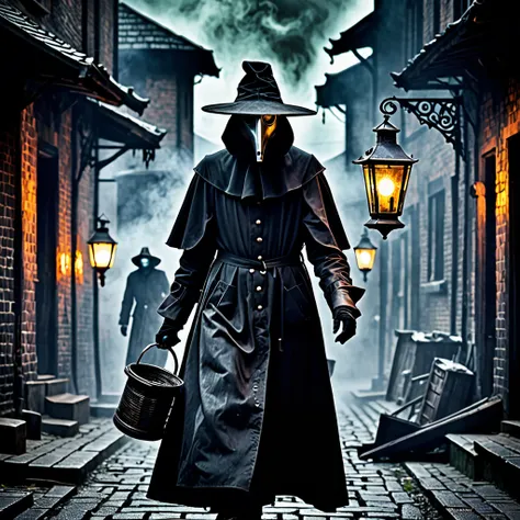 plague doctors,dark and eerie atmosphere,creepy masks,ominous shadows,hauntingly beautiful lantern light,grim and desperate expressions,plague victims in distress,sinister scenery,plague-infested city,suffocating gloom,heavy smoke billowing,sharp contrast ...