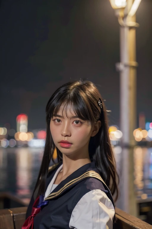 best quality, ultra high res, (photorealistic:1.4), 1girl, the girl wearing black sailor uniform, long hair, night, city scape background, city light, cinematic lighting, 80s filter, zoom to face, detailed face , looking at viewer, front view