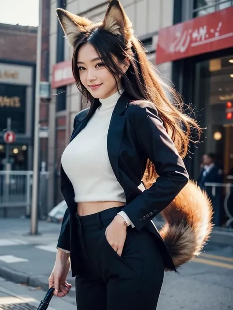 ((highest quality)), ((masterpiece)), (Get used to it), Perfect Face, Fox Girl, Beautiful woman, public, There is a tail, she has a fox tail, She wags her fluffy tail, smile, collar, She wears a business suit, Beautiful hip line, A tail sticking out of tig...