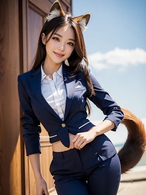 ((highest quality)), ((masterpiece)), (Get used to it), Perfect Face, Fox Girl, Beautiful woman, public, There is a tail, she has a fox tail, She wags her fluffy tail, smile, collar, She wears a business suit, Beautiful hip line, A tail sticking out of tig...