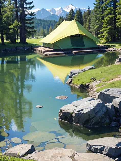 Beautiful lake、Fishing poles and tent