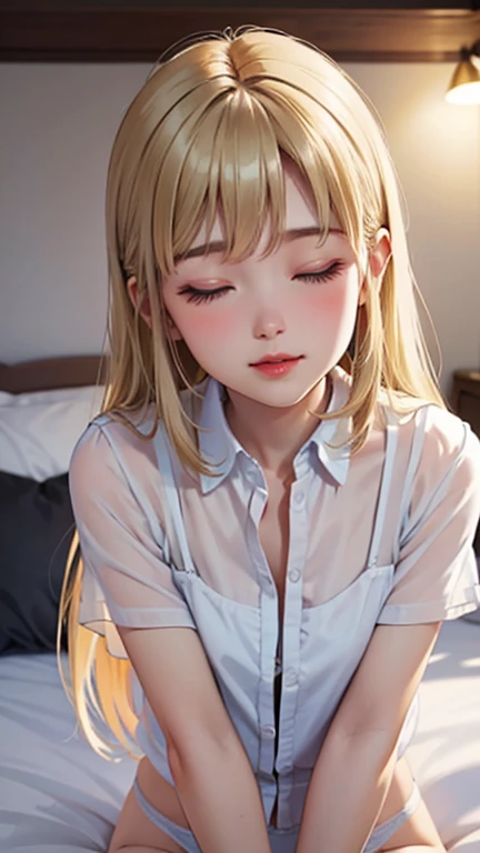 Blushing lightly and smiling, (Top quality masterpiece:1.2) Delicate illustrations, Very detailed, /Beautiful Japanese Woman、1 person,Very cute and slim、Excellent style 、((8K images、super high quality))、Very delicate face, beautiful forehead、Red lipstick,(...