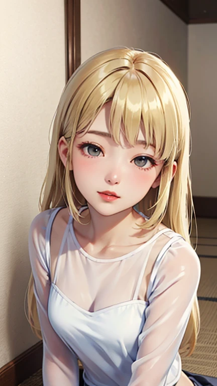 Blushing lightly and smiling, (Top quality masterpiece:1.2) Delicate illustrations, Very detailed, /Beautiful Japanese Woman、1 person,Very cute and slim、Excellent style 、((8K images、super high quality))、Very delicate face, beautiful forehead、Red lipstick,(...