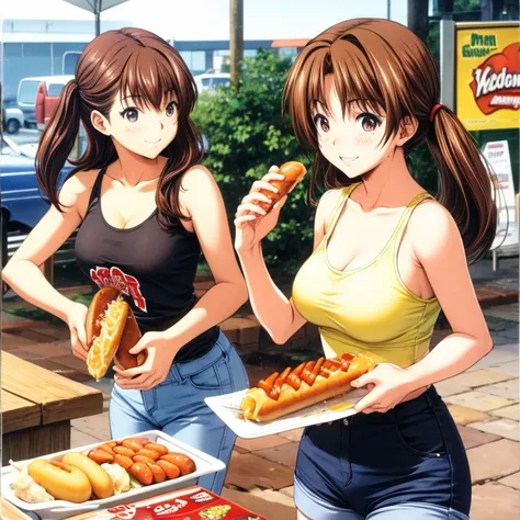 A brown-haired woman in a tank top and hot pants eating cheese hot dogs at a food stall　Tight clothing