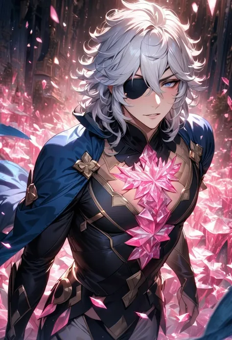 absurdres, highres, ultra detailed, HDR, masterpiece, extremely detailed face and eyes, Niles, white hair, expressive dark blue eyes, Fire Emblem Fates, black eye patch on his left eye, solo, sexy man, handsome, blue cape, black clothes, pink ice trees, pi...