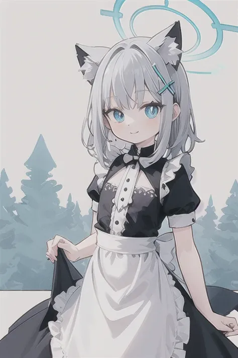 shiroko_bluearchive,beast ears,looking at viewer, little smile,pure white maid dress, maid, slim, dizzy, big-chest, wide hips, perfect waist, day atmosphere, hair ornament,