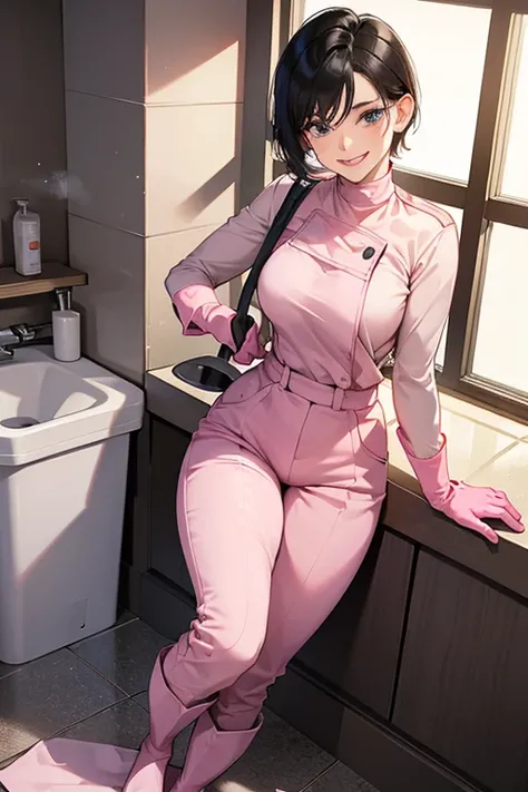 A muscular, short-haired, black-haired mature woman wearing pink long-sleeved, long-pants work clothes, pink rubber gloves and white rubber boots, smiling gently as she cleans the school toilets.