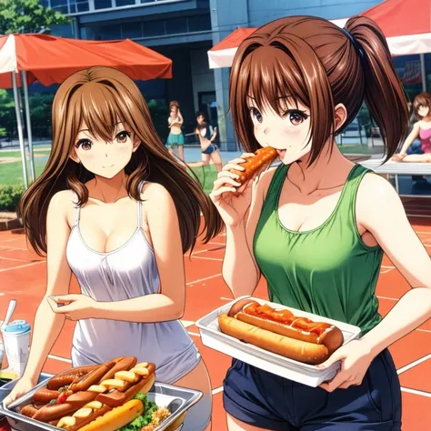 A brown-haired woman in a tank top and hot pants eating a hot dog at a food stall　Tight clothing　Make hot dogs accurate