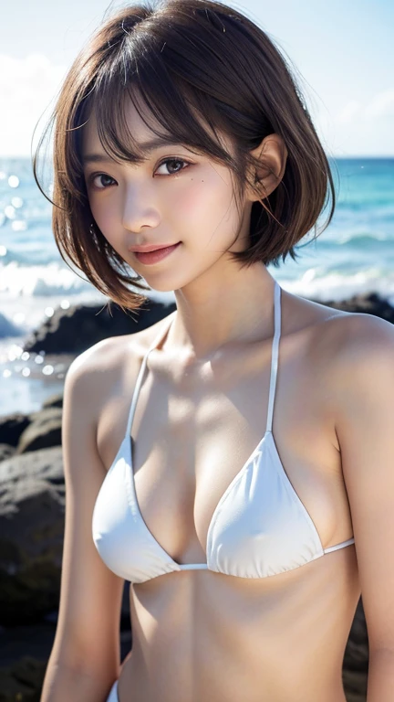 (((A loose, fluffy hairstyle with shoulder-length brown mini bob)))、(((Hawaiian beach background)))、(((Posing like a model at a hair salon)))、(((Wearing a white micro bikini)))、Close-up of face、Half Japanese, half Korean、18 year old girl、Standing Alone、Loo...