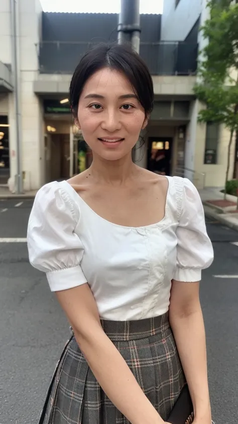 NSFW, ((highest quality)), ((8K)), ((Masterpiece: 1.3)), (Perfect appearance), (Photorealism: 1.6), (One woman in a suit standing on the sidewalk), Cityscape , Sunny, Morning, Cityscape, Sunny morning, Japanese woman, 47 years old, (Realistic skin texture)...