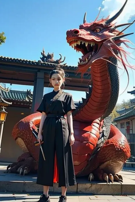 (masterpiece:1.2),1 girl,Black hair bun,Cold Face,ponytail,(front),highest quality,Letterbox,figure,(An eighteen-year-old girl stood in front of the dragon with a sword:1.3),panoramic,whole body,Exposing thighs,(Elegant clothes:1.1),(View from below:1.3),T...