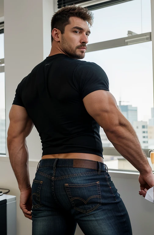 a handsome and muscular man in the office,Corte de equipo,ventanas,paisaje urbano,cuerpo completo,macho maduro,[rechoncho],[chris redfield], Big butt,fajado, black jeans  backside 