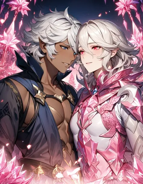 absurdres, highres, ultra detailed, HDR, masterpiece, extremely detailed face and eyes, Niles, white hair, expressive dark blue eyes, Fire Emblem Fates, Corrin, white hair, expressive red eyes, two men together, gay couple, handsome, pink ice trees, pink i...