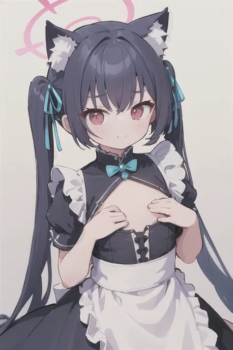 serika_bluearchive,cat ears,looking at viewer, little smile,pure white maid dress, maid, slim, dizzy, big-chest, wide hips, perfect waist, day atmosphere, hair ornament,