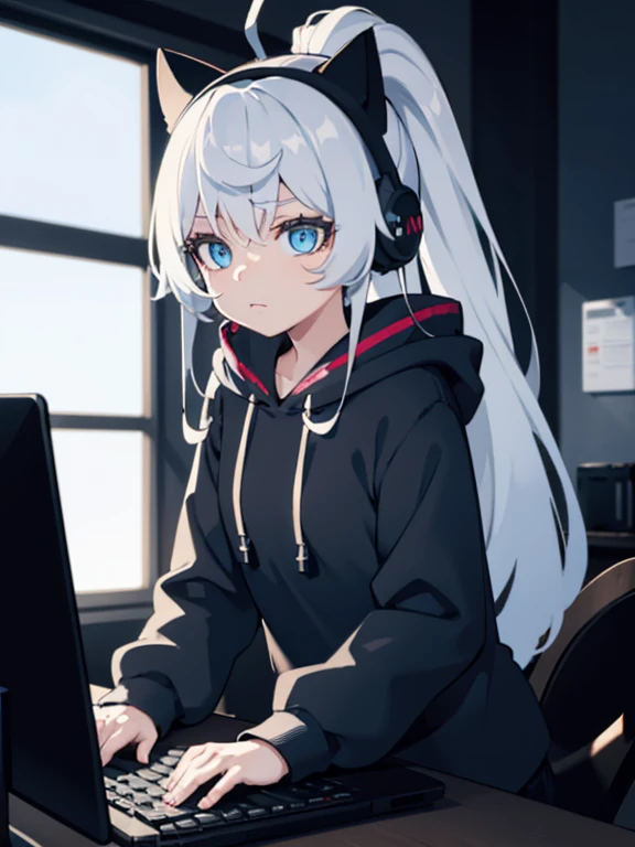 1girl, young, cute, long silver hair, blue eyes, wearing plain blue hoodie, dark room, hacker, computer, headset with black cat ears, absurdres, high res, ultrasharp, 8K, masterpiece, looking at computer screen