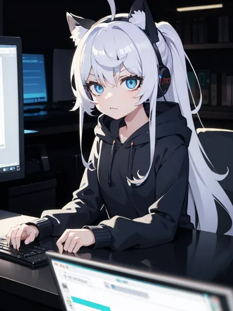 1girl, young, cute, long silver hair, blue eyes, wearing plain blue hoodie, dark room, hacker, computer, headset with black cat ears, absurdres, high res, ultrasharp, 8K, masterpiece, looking at computer screen