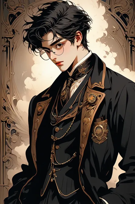 human noble, young man, short black hair, glasses, steampunk, victorian, black jacket, steam engine