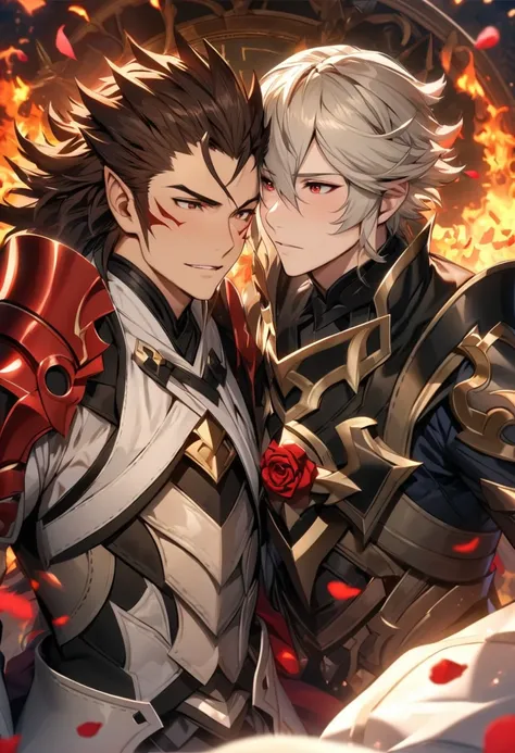 absurdres, highres, ultra detailed, HDR, masterpiece, extremely detailed face and eyes, Ryoma, brown hair, expressive brown eyes, Fire Emblem Fates, Corrin, white short hair, expressive red eyes, two men together, gay couple, handsome, white and black fant...