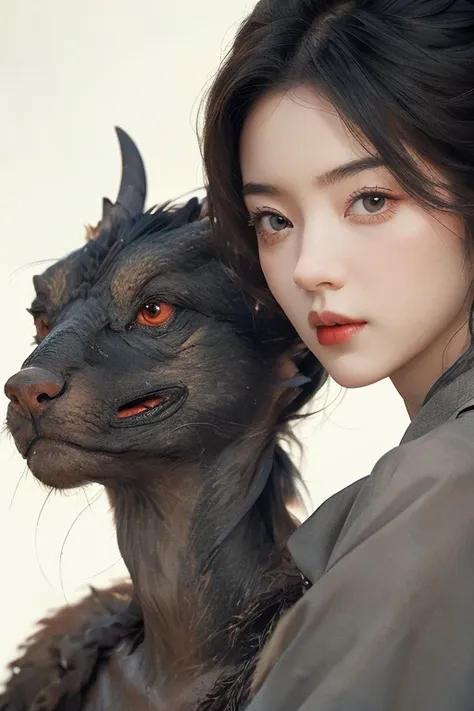 beautiful woman with red eyes posing for elegant photo with black giant dragon, arpino,gray hair,face to face, ultra-realistic, ...