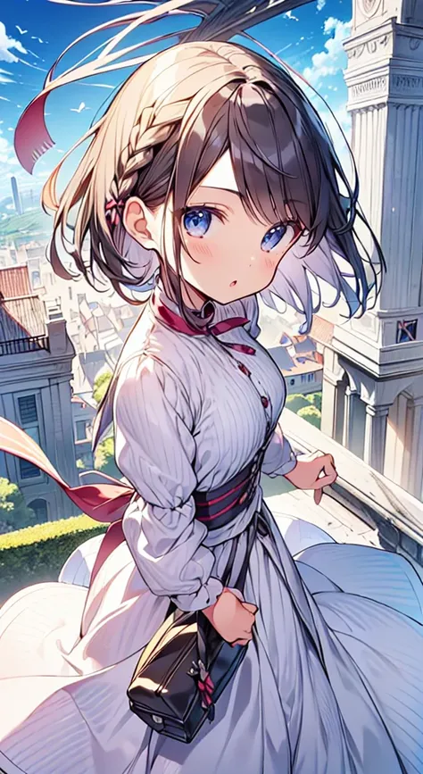 masutepiece, Best Quality,Illustration, Wallpaper, Ultra Detail, absurderes, 1、 Solo, (Medium short hair、short braided hair), Beautiful ultra-detailed eyes , Hair fluttering in the wind、:o、 Beautiful sky、(a panoramic view:1.5)